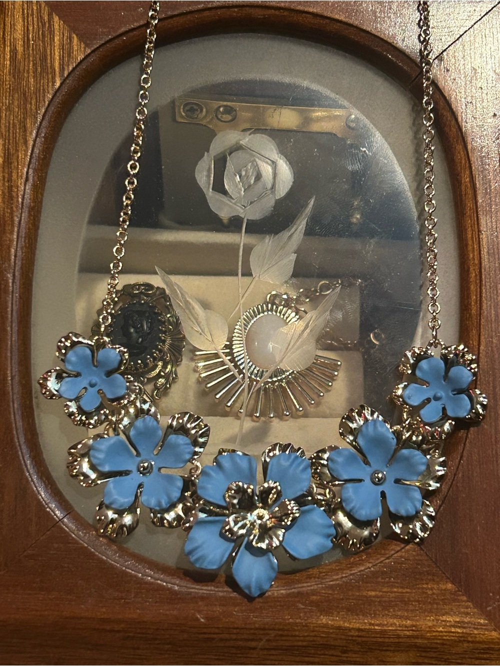Chico's Blue Floral Statement Necklace with Gold-Tone Accents